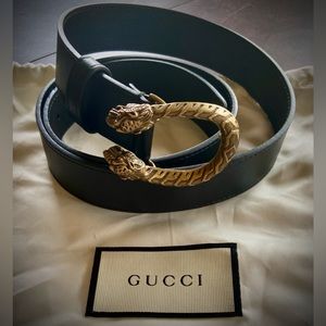 Gucci Black Leather and Bronze Dionysus Belt